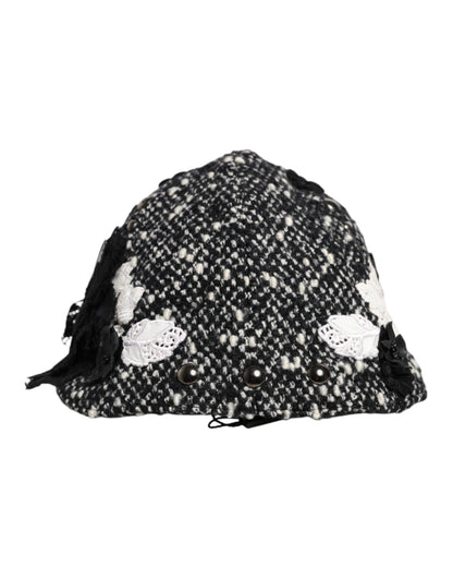 Dolce &amp; Gabbana Black Wool White Floral Embellished Cloche Hat