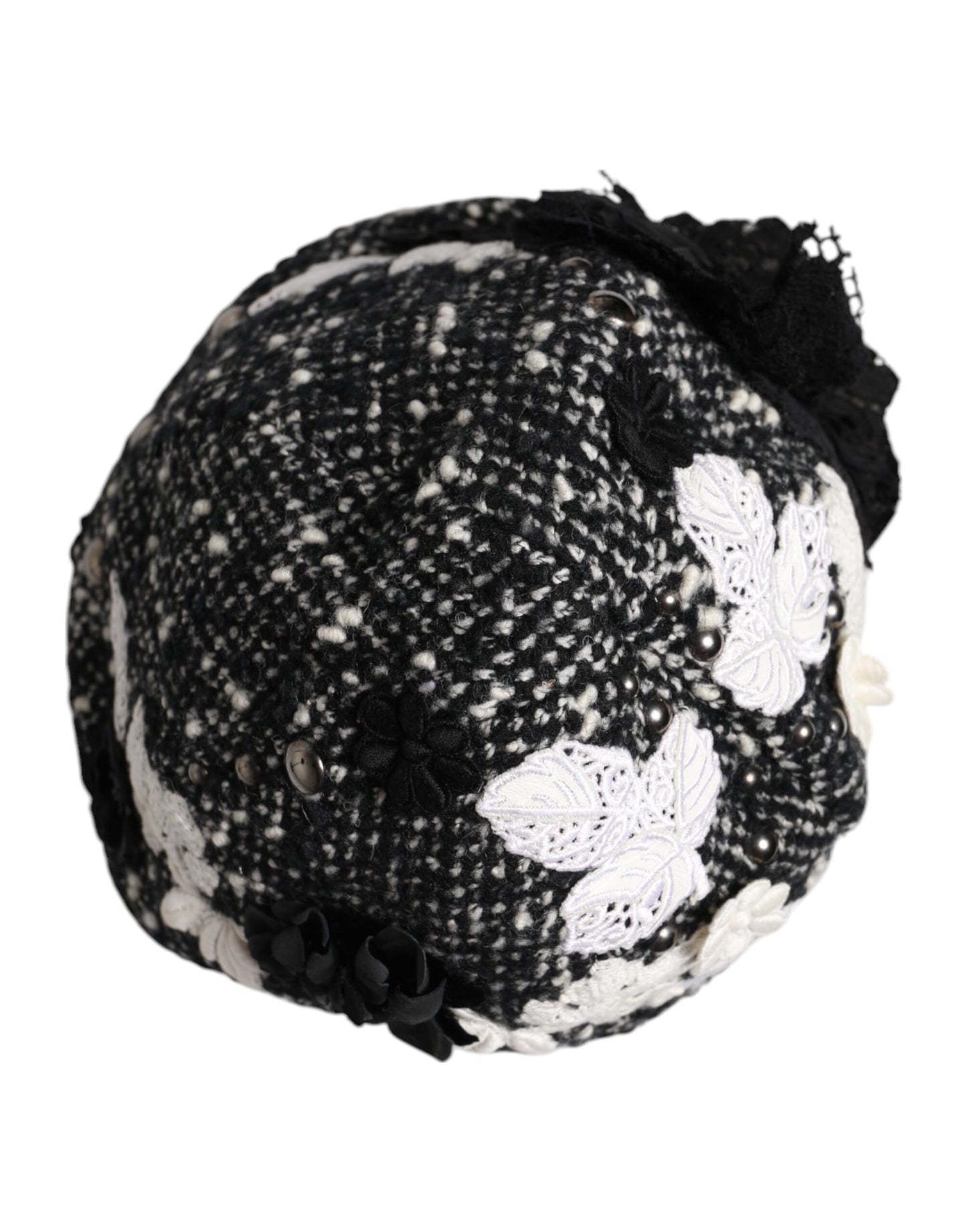 Dolce &amp; Gabbana Black Wool White Floral Embellished Cloche Hat