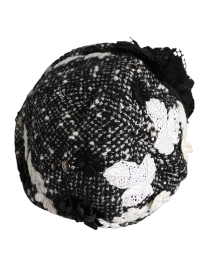 Dolce &amp; Gabbana Black Wool White Floral Embellished Cloche Hat