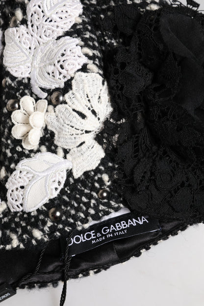 Dolce &amp; Gabbana Black Wool White Floral Embellished Cloche Hat