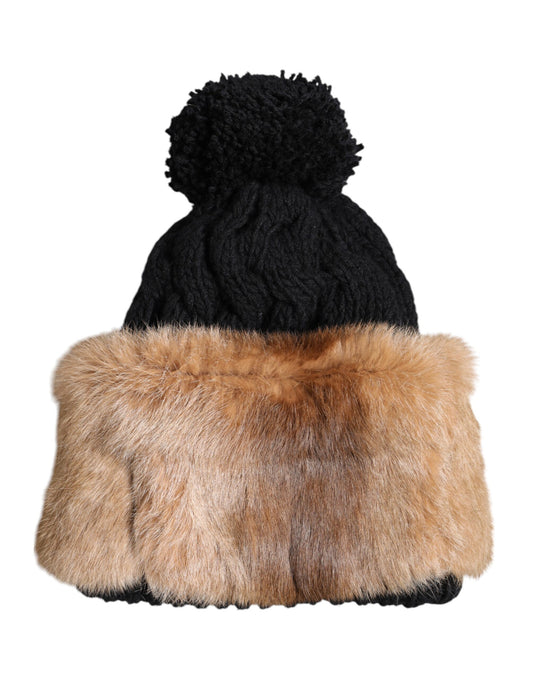 Dolce &amp; Gabbana Black Brown Dyed Rabbit Real Fur Winter Beanie Hat