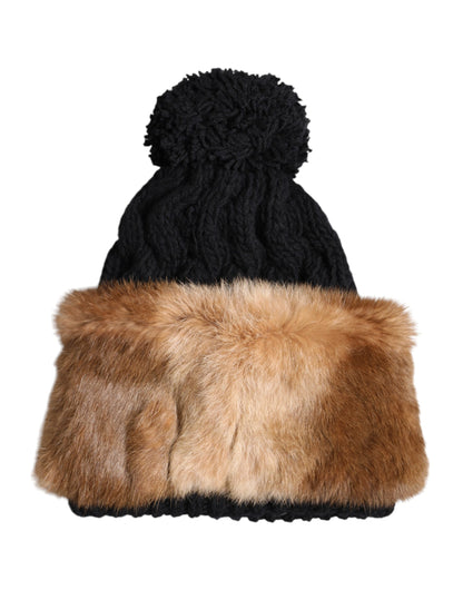 Dolce &amp; Gabbana Black Brown Dyed Rabbit Real Fur Winter Beanie Hat