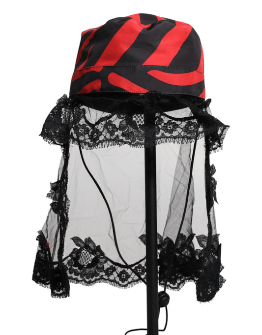 Dolce &amp; Gabbana Black Red Stripes Lace Tulle Bucket Hat