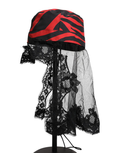 Dolce &amp; Gabbana Black Red Stripes Lace Tulle Bucket Hat