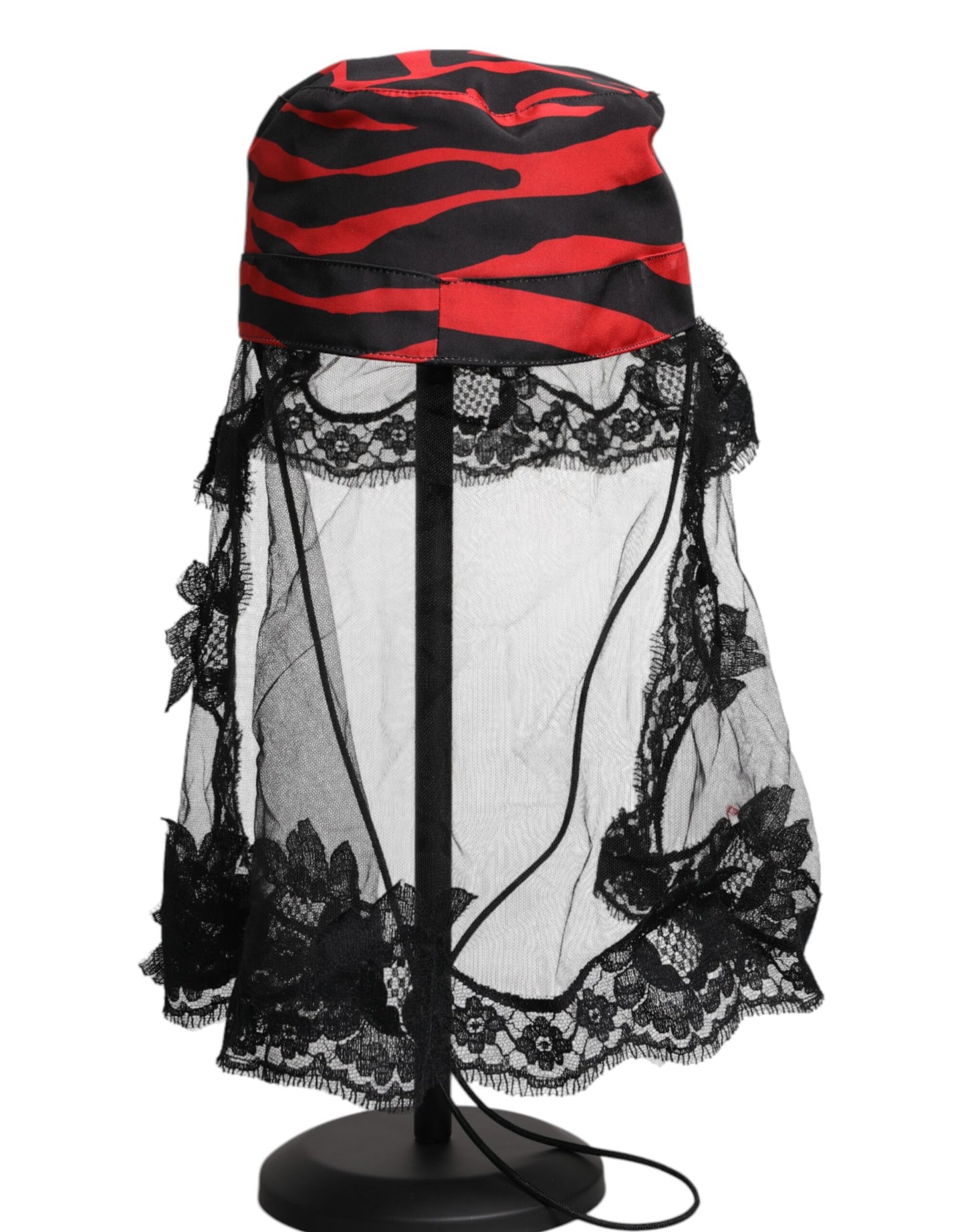 Dolce &amp; Gabbana Black Red Stripes Lace Tulle Bucket Hat
