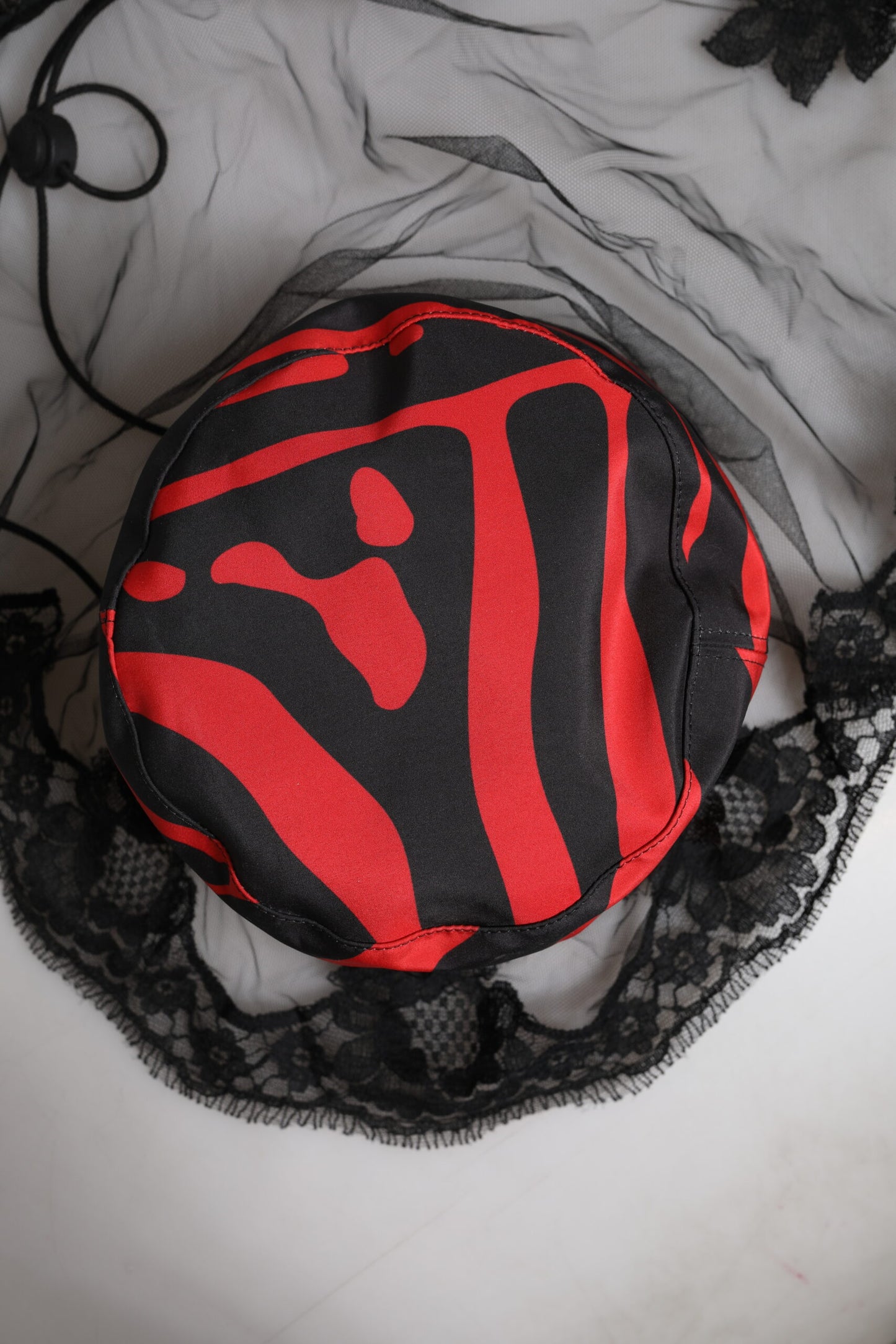 Dolce &amp; Gabbana Black Red Stripes Lace Tulle Bucket Hat