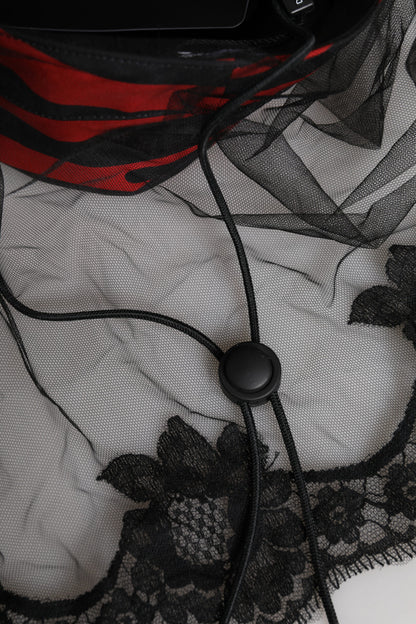 Dolce &amp; Gabbana Black Red Stripes Lace Tulle Bucket Hat
