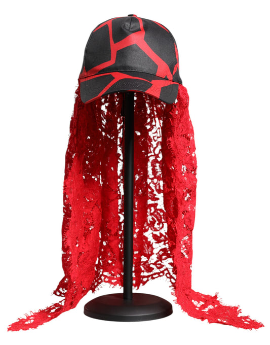 Dolce &amp; Gabbana Red Black Lace Tulle Cotton Baseball Cap