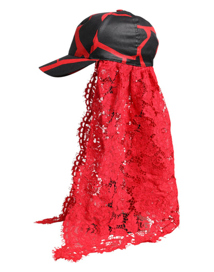Dolce &amp; Gabbana Red Black Lace Tulle Cotton Baseball Cap