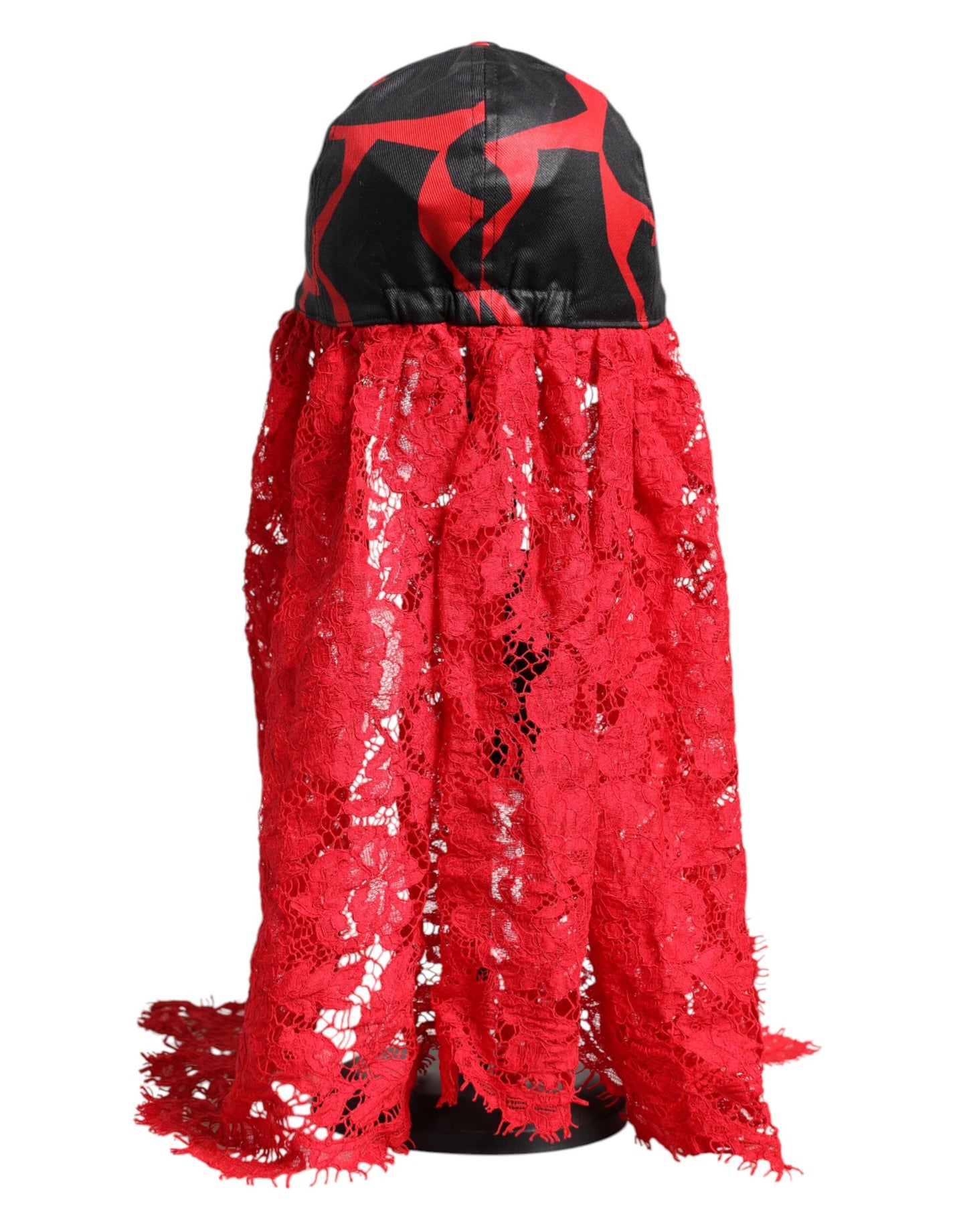 Dolce &amp; Gabbana Red Black Lace Tulle Cotton Baseball Cap