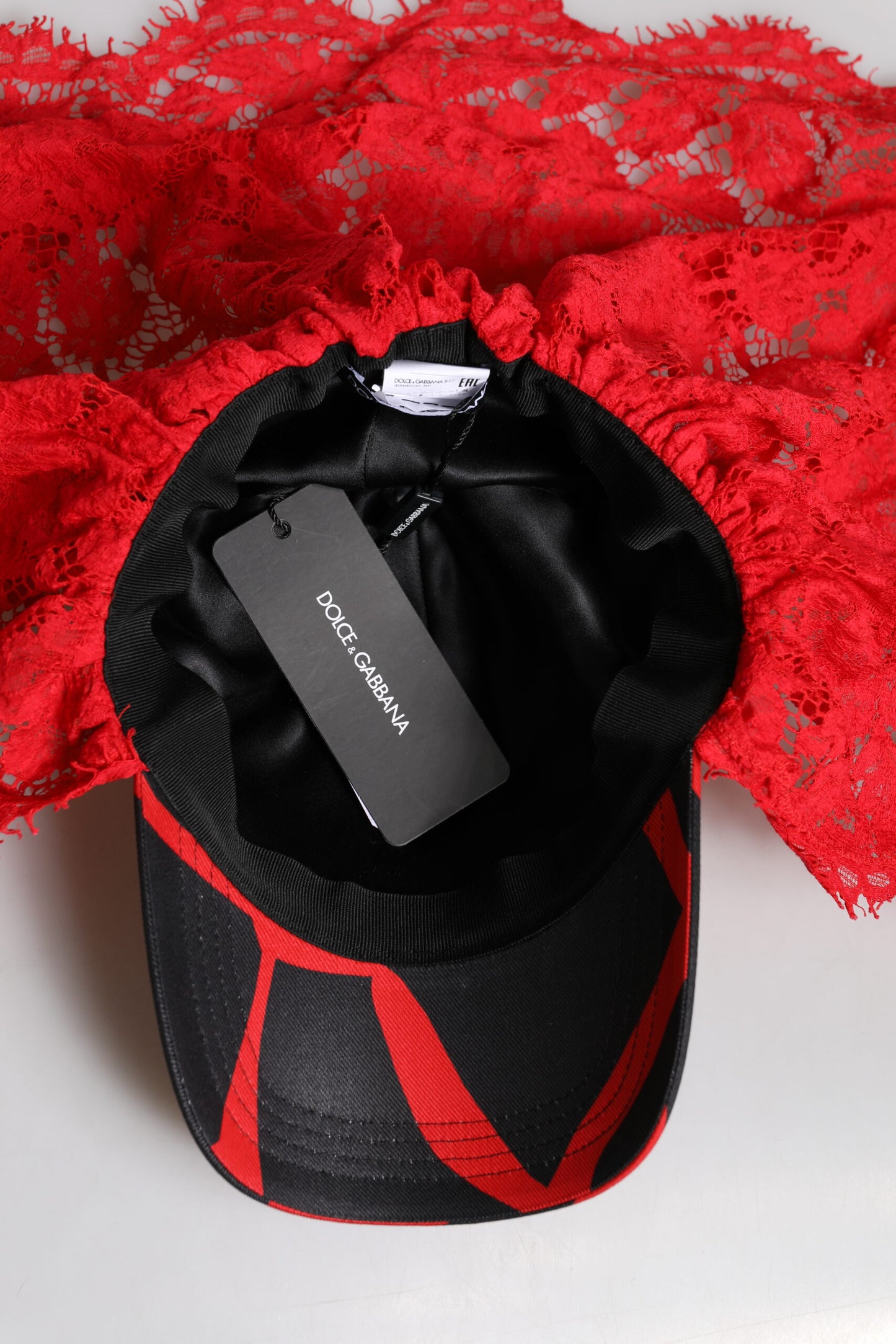 Dolce &amp; Gabbana Red Black Lace Tulle Cotton Baseball Cap