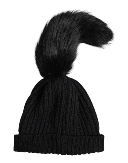 Dolce &amp; Gabbana Black Acrylic Knitted Fur Winter Beanie Hat