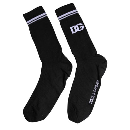Dolce &amp; Gabbana Black Cotton Logo Mid Calf Men Socks