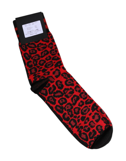 Dolce &amp; Gabbana Black Red Leopard Mid Calf Men Socks
