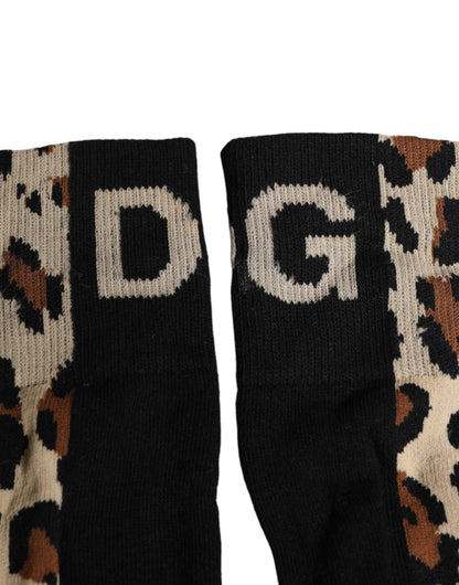 Dolce &amp; Gabbana Black Brown Leopard Print Nylon Mid Calf Socks