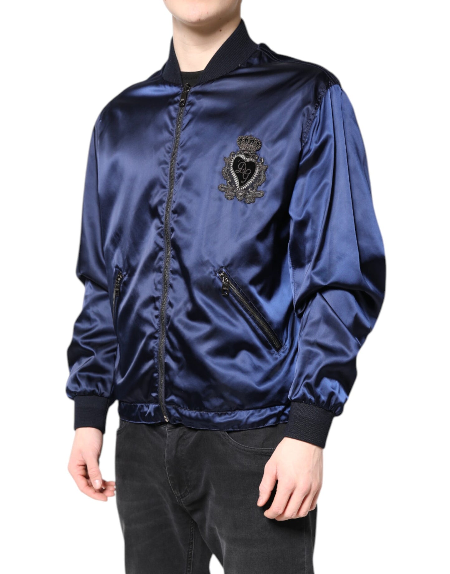 Dolce &amp; Gabbana Blue Nylon DG Crown Full Zip Bomber Jacket