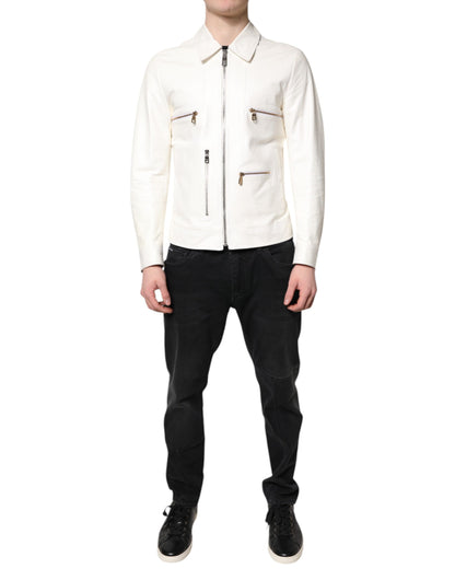 Dolce &amp; Gabbana White Collared Full Zip Biker Coat Jacket