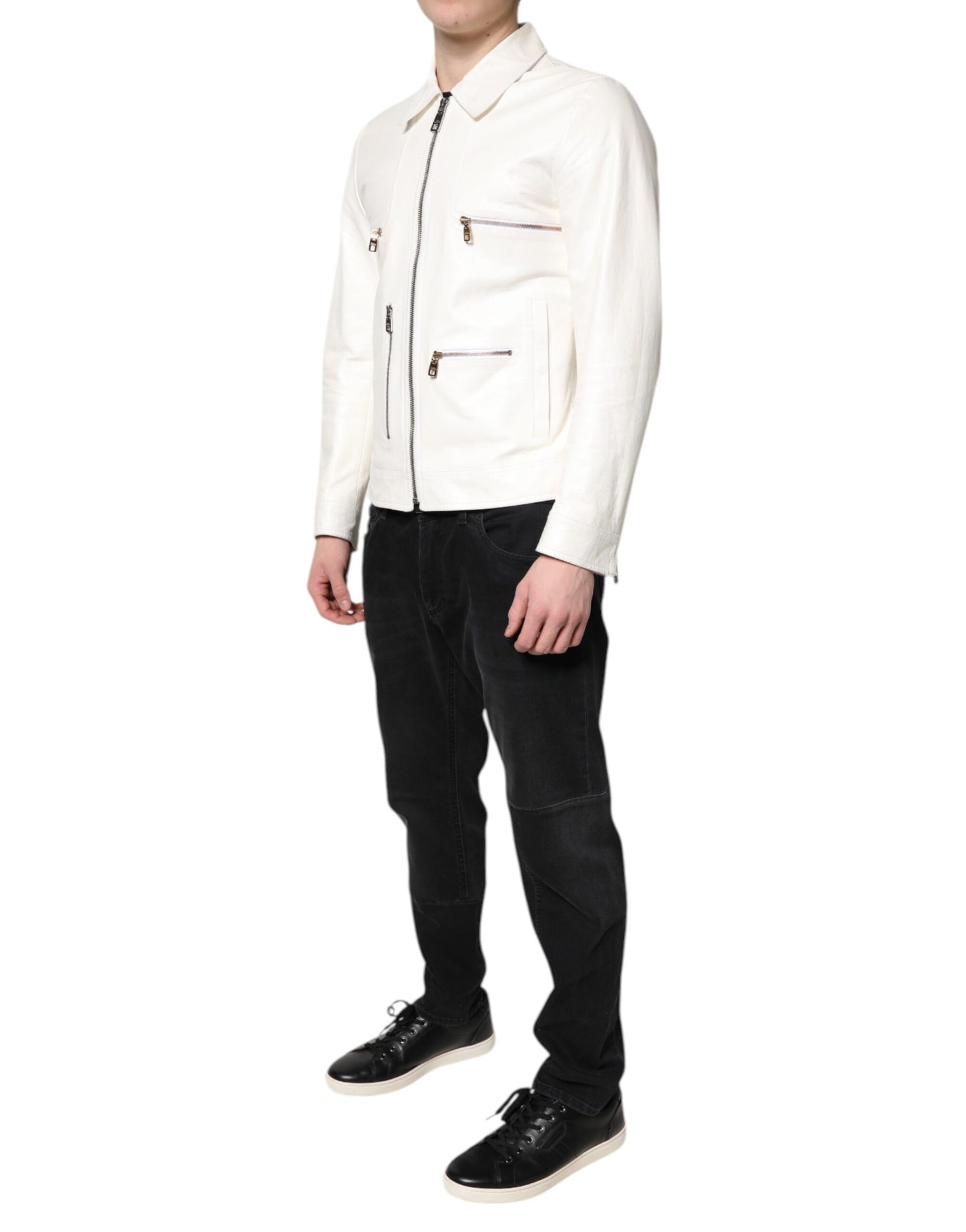 Dolce &amp; Gabbana White Collared Full Zip Biker Coat Jacket
