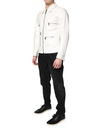 Dolce &amp; Gabbana White Collared Full Zip Biker Coat Jacket