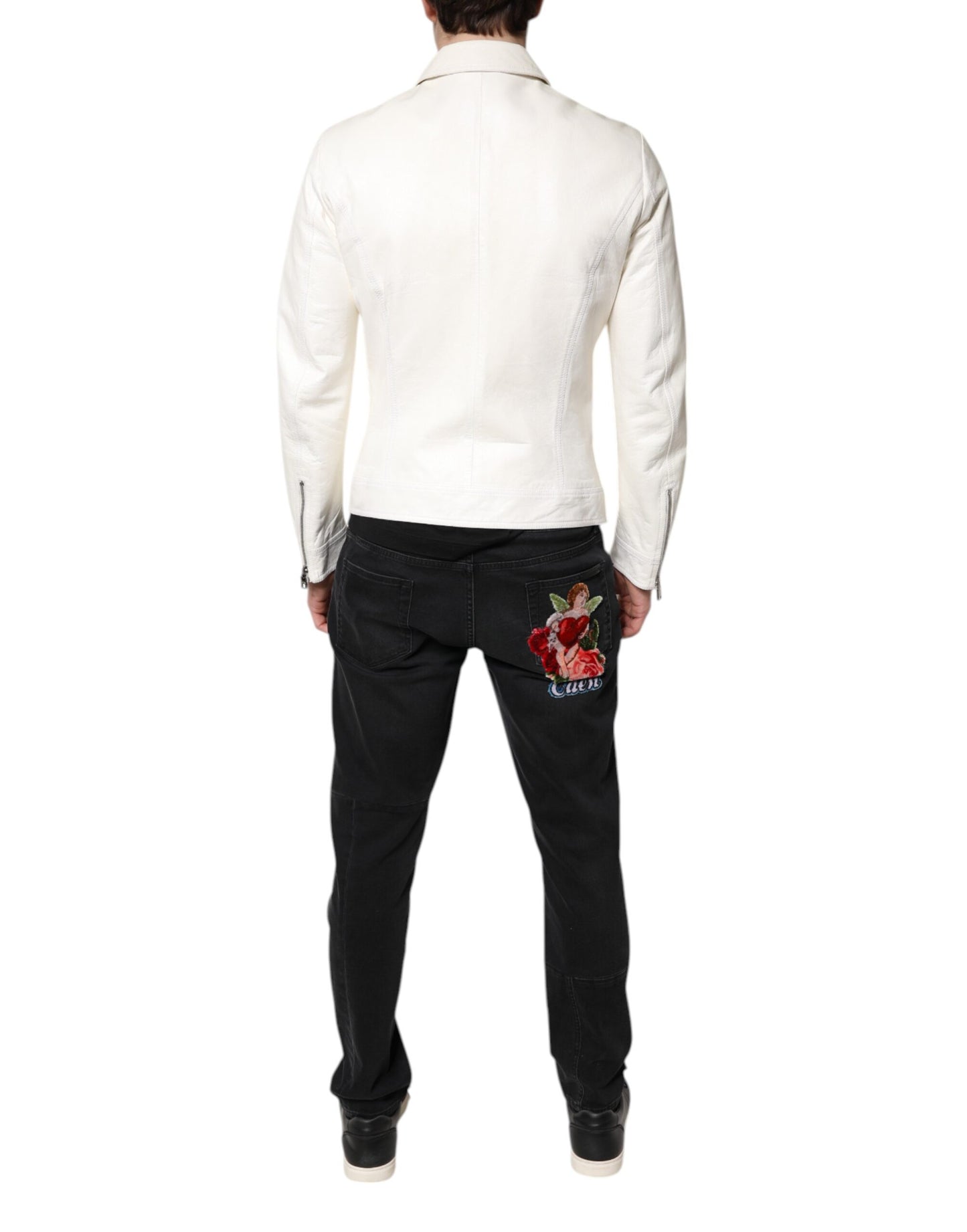 Dolce &amp; Gabbana White Collared Full Zip Biker Coat Jacket