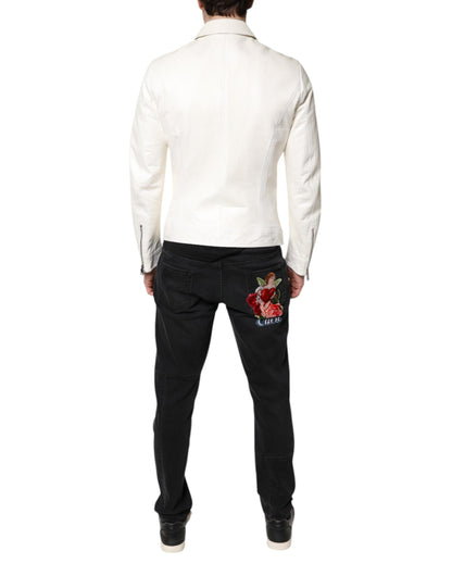 Dolce &amp; Gabbana White Collared Full Zip Biker Coat Jacket