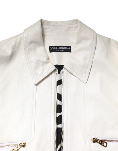 Dolce &amp; Gabbana White Collared Full Zip Biker Coat Jacket