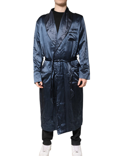 Dolce &amp; Gabbana Blue Solid Silk Men Wrap Robe Coat Jacket