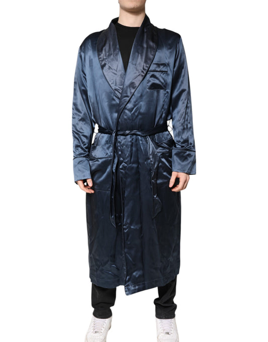 Dolce &amp; Gabbana Blue Solid Silk Men Wrap Robe Coat Jacket