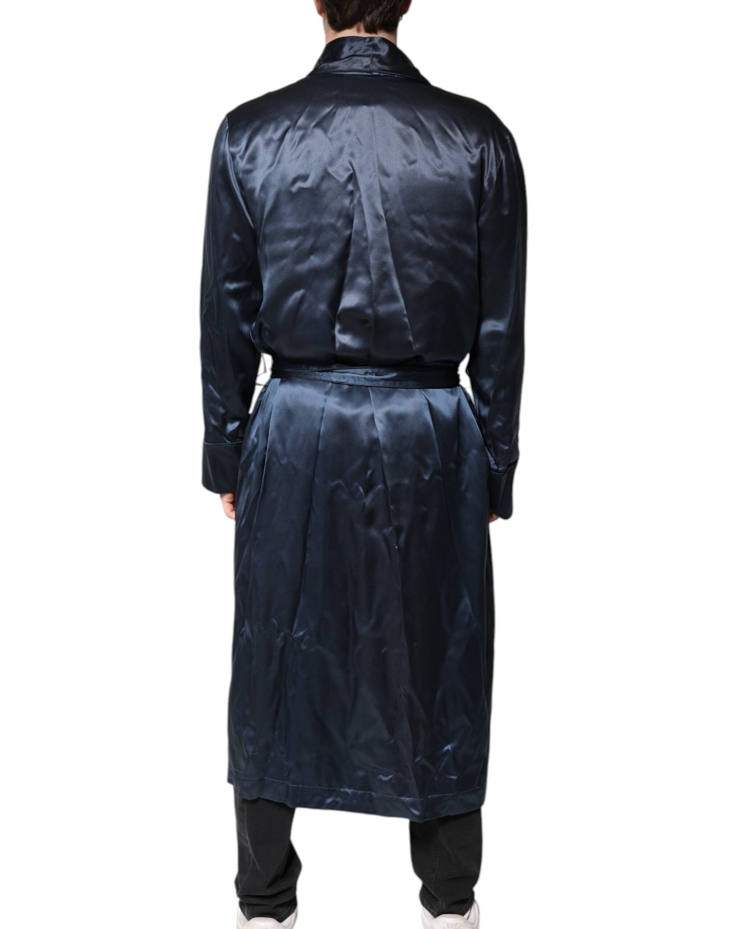 Dolce &amp; Gabbana Blue Solid Silk Men Wrap Robe Coat Jacket