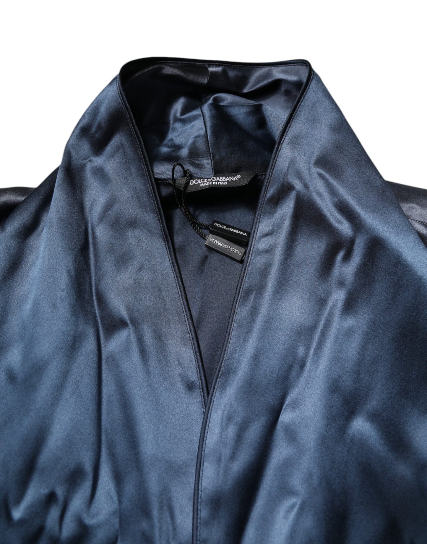 Dolce &amp; Gabbana Blue Solid Silk Men Wrap Robe Coat Jacket