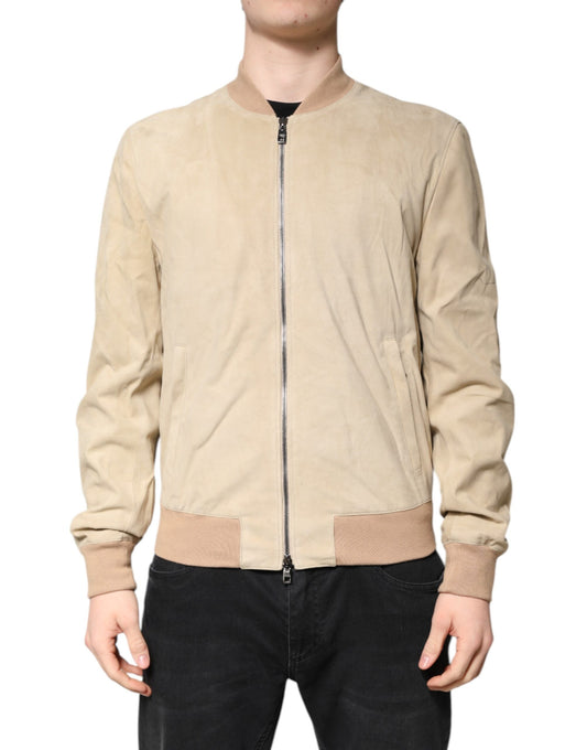 Dolce &amp; Gabbana Beige Lambskin Full Zip Men Bomber Jacket