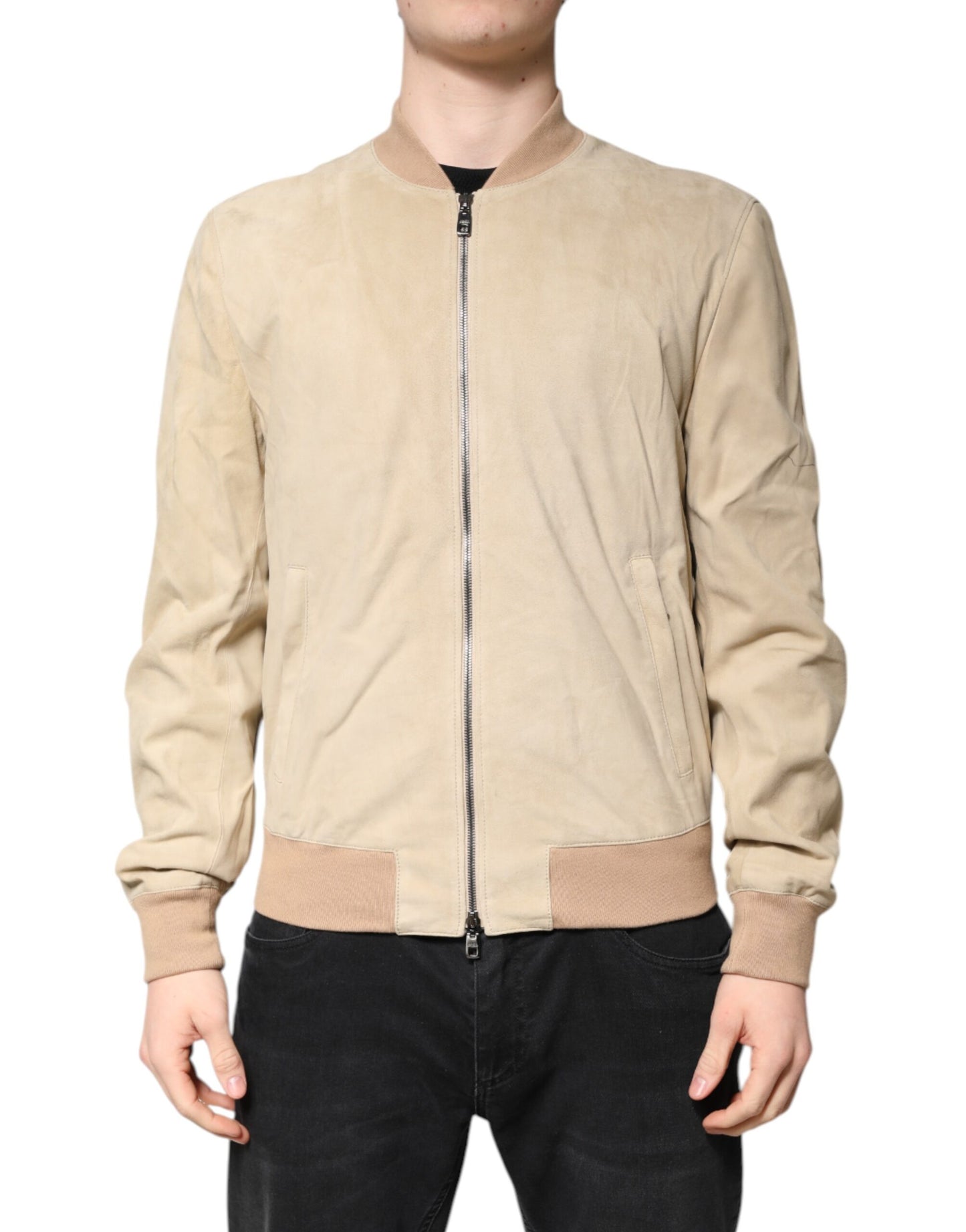 Dolce &amp; Gabbana Beige Lambskin Full Zip Men Bomber Jacket