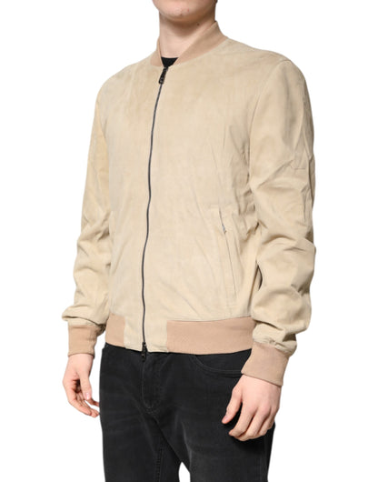 Dolce &amp; Gabbana Beige Lambskin Full Zip Men Bomber Jacket