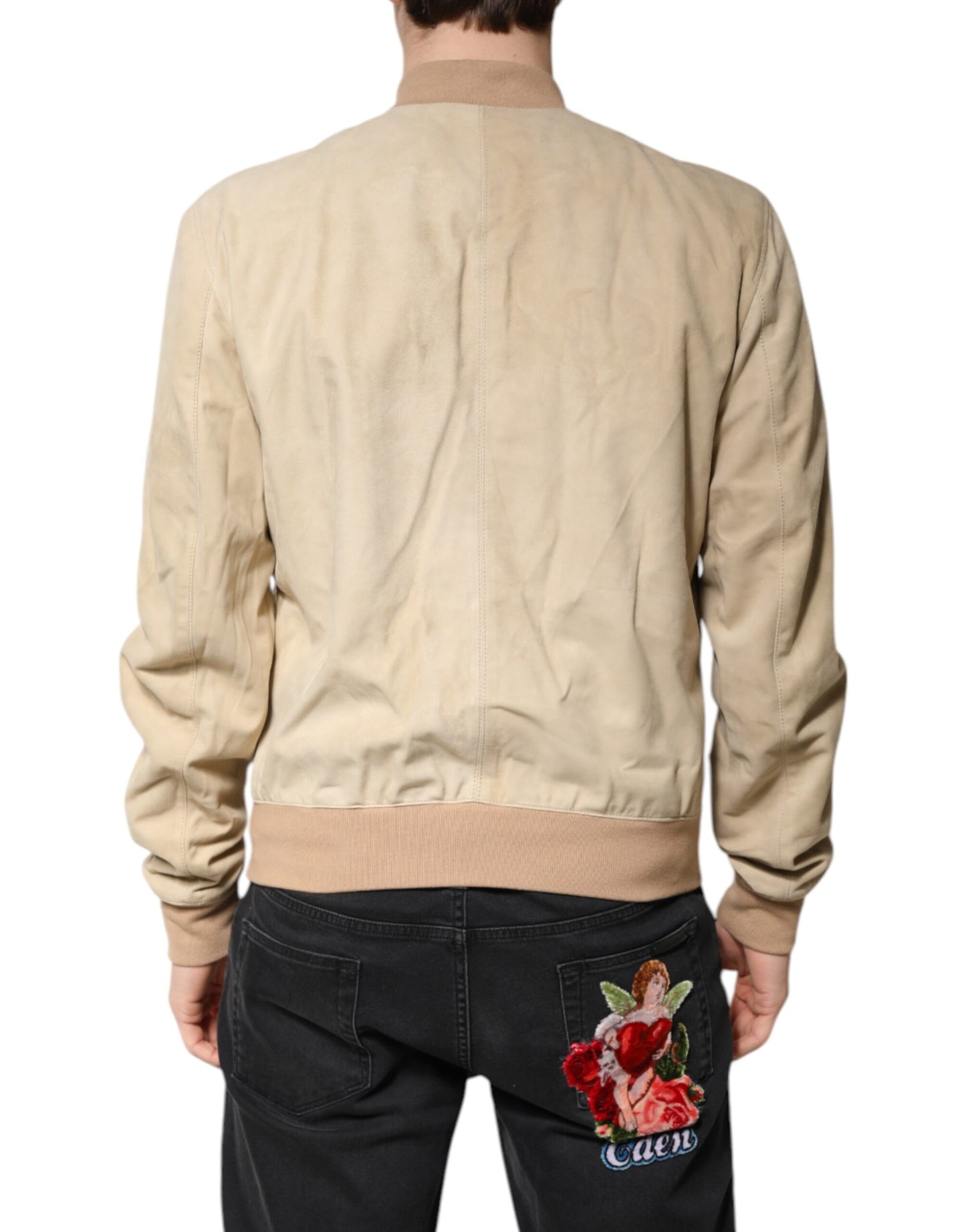 Dolce &amp; Gabbana Beige Lambskin Full Zip Men Bomber Jacket
