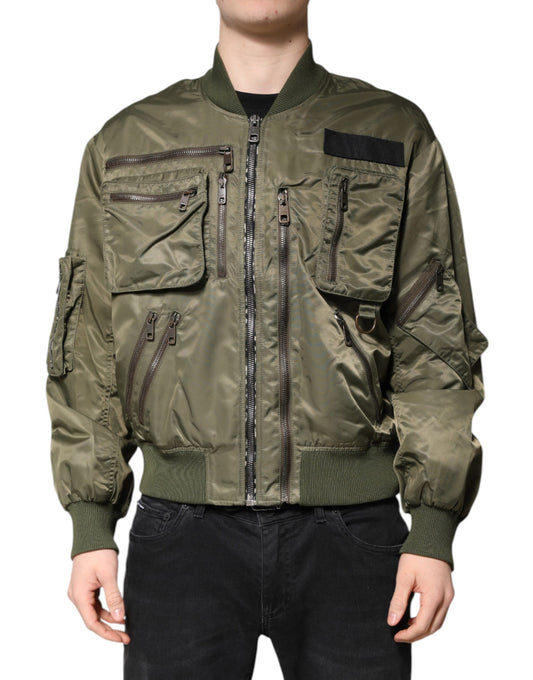 Dolce &amp; Gabbana Green Nylon Full Zip Men Bomber Jacket