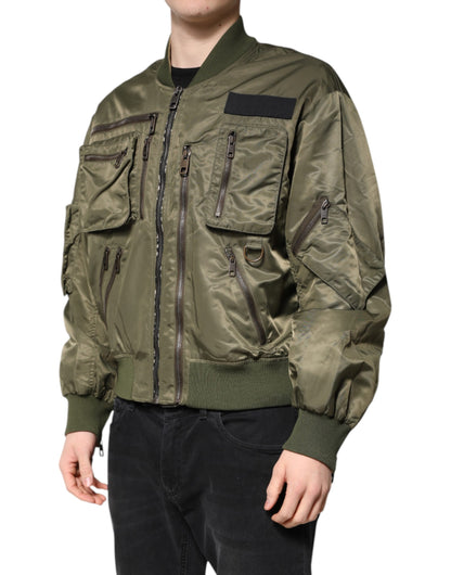 Dolce &amp; Gabbana Green Nylon Full Zip Men Bomber Jacket