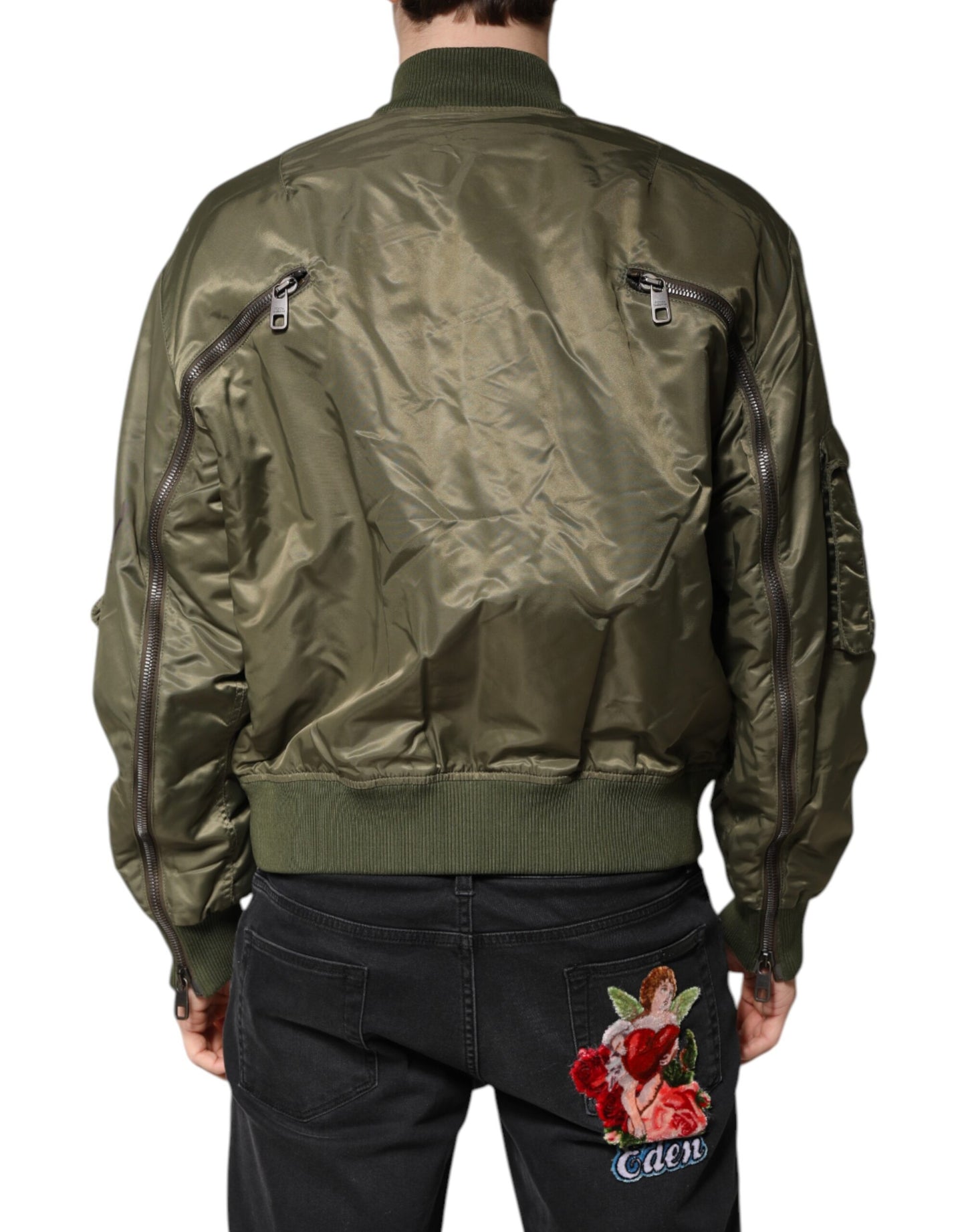 Dolce &amp; Gabbana Green Nylon Full Zip Men Bomber Jacket