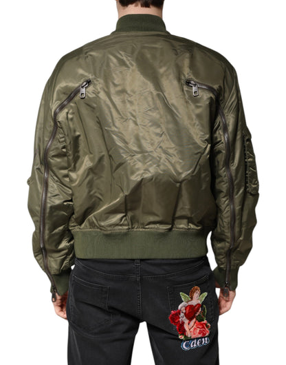 Dolce &amp; Gabbana Green Nylon Full Zip Men Bomber Jacket