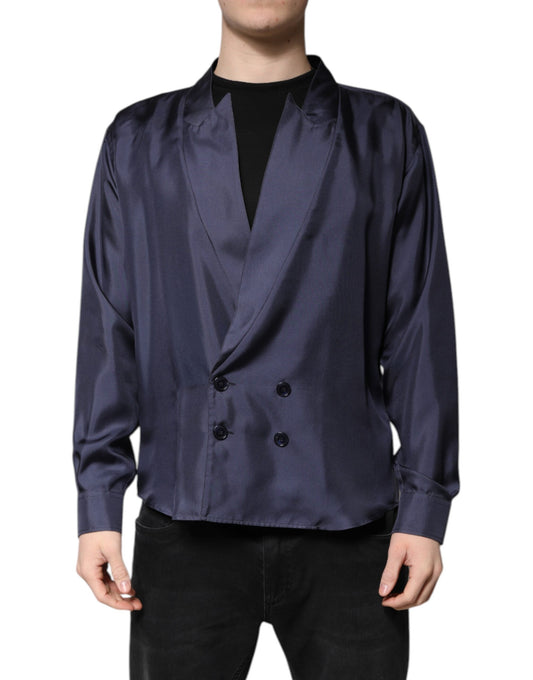 Dolce & Gabbana Dark Blue Silk Double Breasted Shirt by Dolce & Gabbana