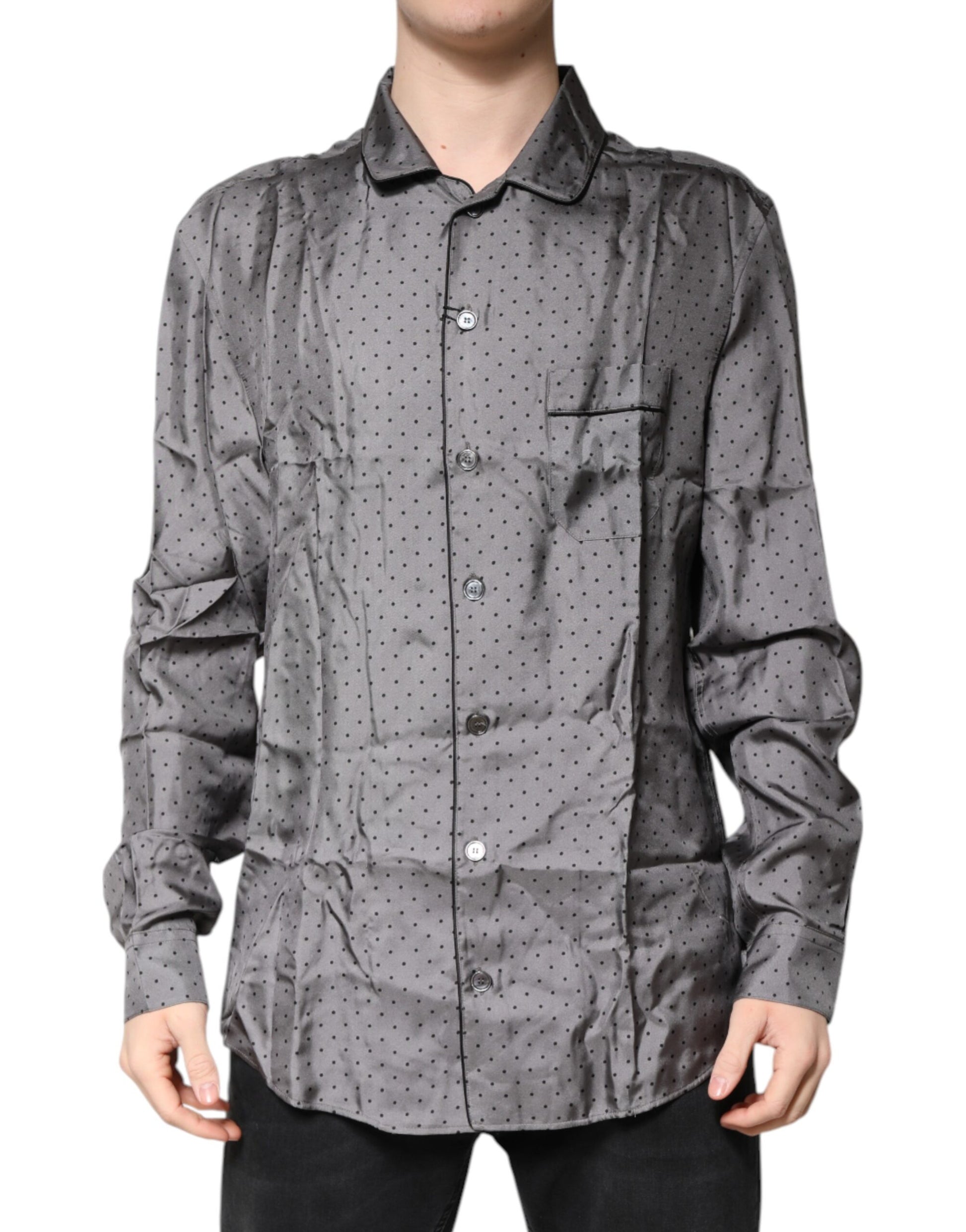 Dolce & Gabbana Gray Polka Dot Silk Long Sleeve Shirt by Dolce & Gabbana