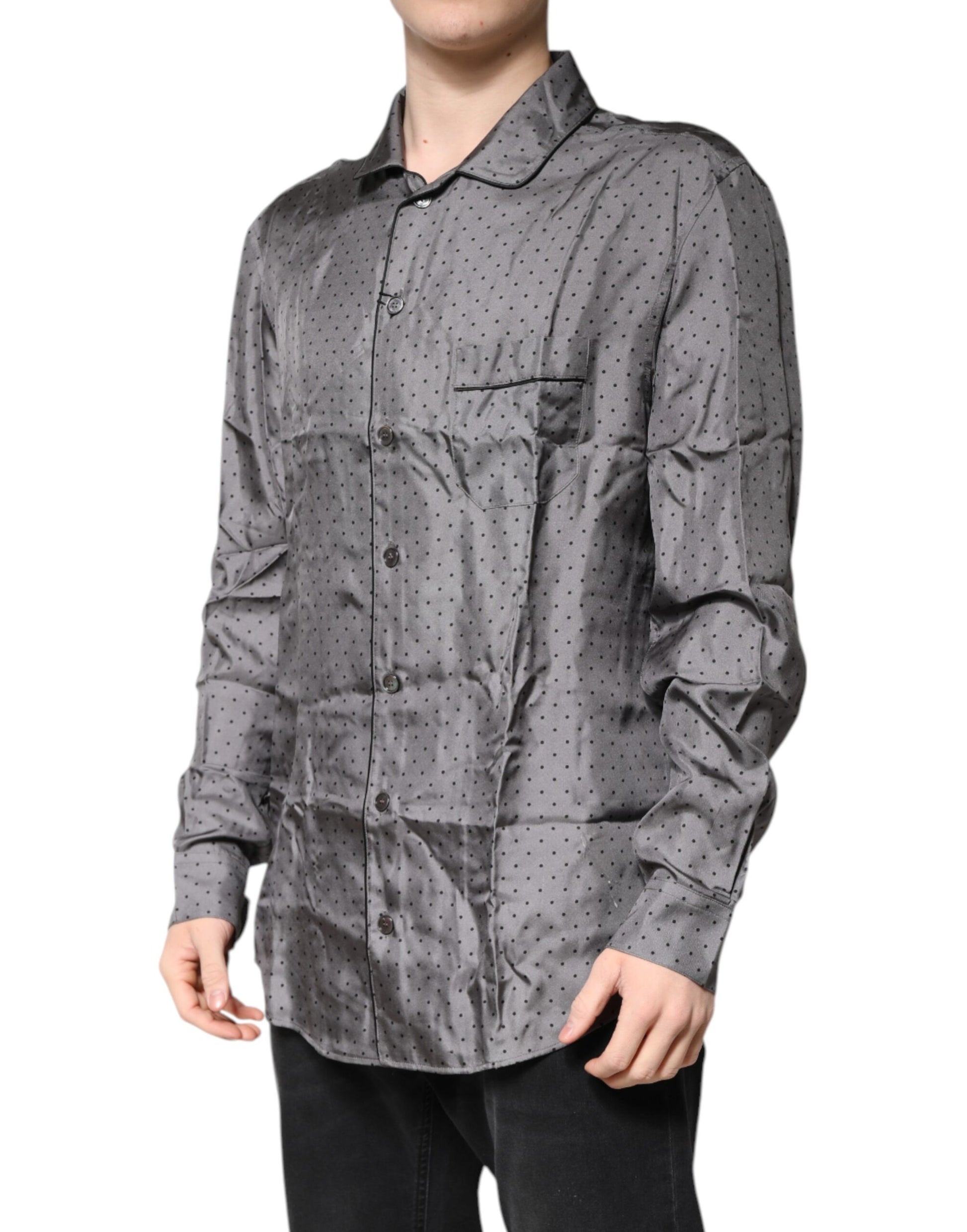 Dolce & Gabbana Gray Polka Dot Silk Long Sleeve Shirt by Dolce & Gabbana