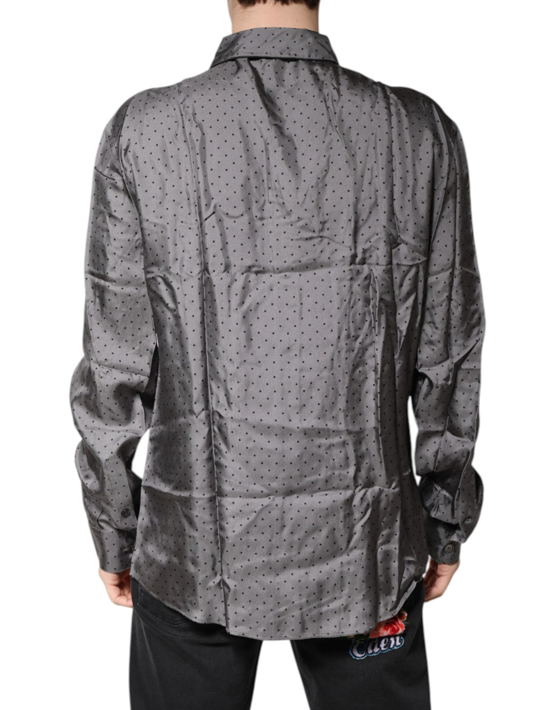 Dolce & Gabbana Gray Polka Dot Silk Long Sleeve Shirt by Dolce & Gabbana