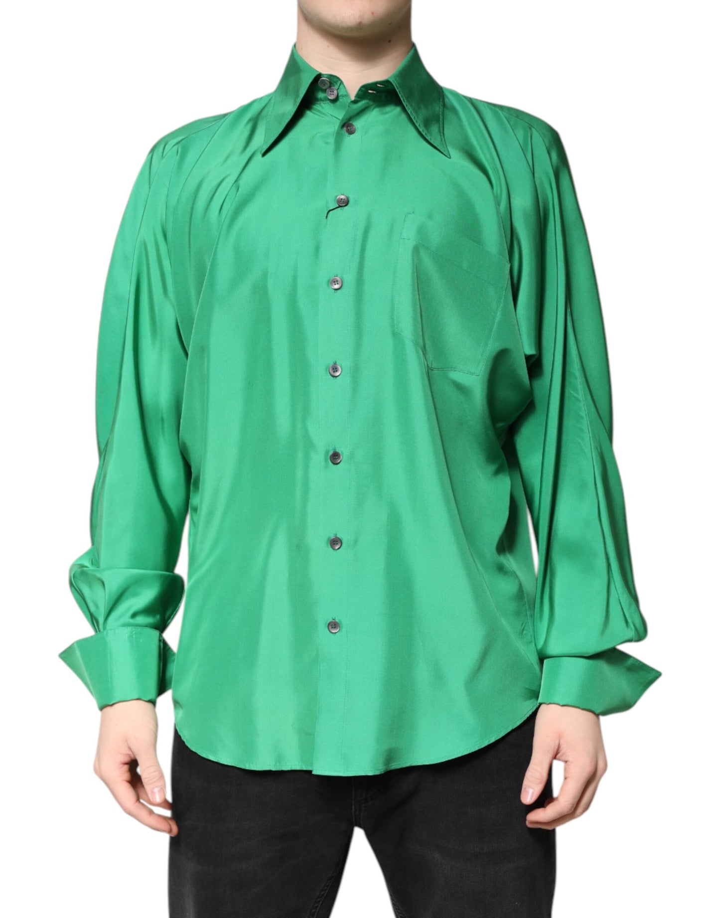 Dolce & Gabbana Green Silk Satin Long Sleeves Casual Shirt by Dolce & Gabbana