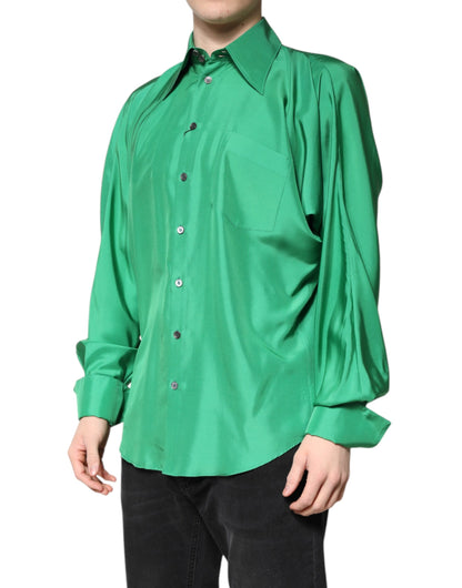 Dolce & Gabbana Green Silk Satin Long Sleeves Casual Shirt by Dolce & Gabbana