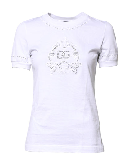 Dolce & Gabbana White Cotton Floral Logo Crew Neck T-shirt by Dolce & Gabbana