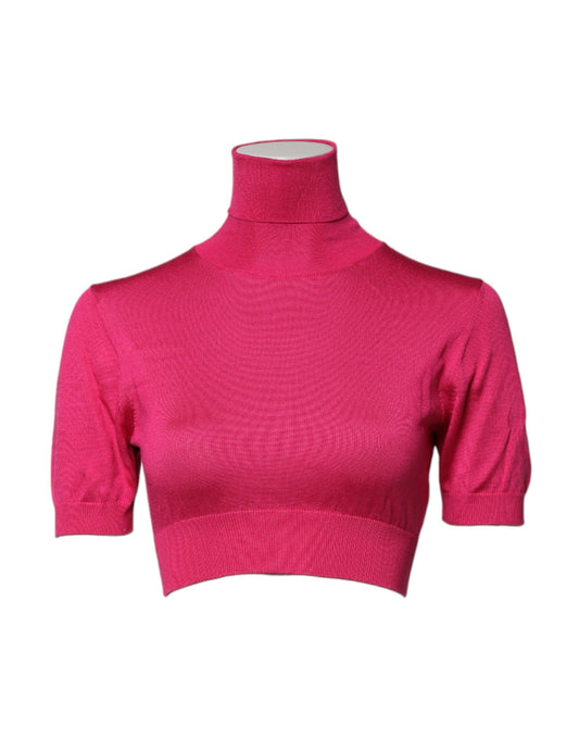 Dolce & Gabbana Pink Silk Knitted Turtleneck Cropped Top by Dolce & Gabbana