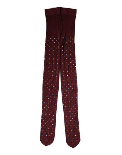 Dolce &amp; Gabbana Maroon Nylon Crystal Embellished Pantyhose Tights