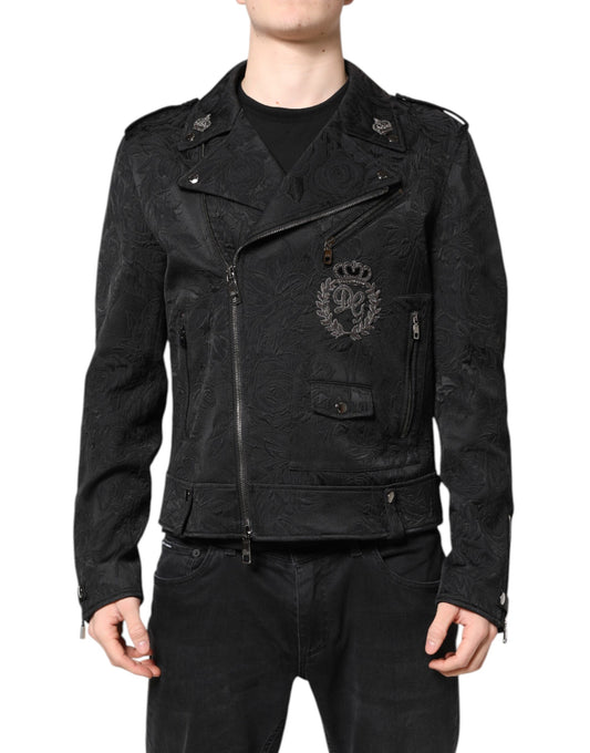 Dolce &amp; Gabbana Black Brocade Cotton Full Zip Biker Jacket