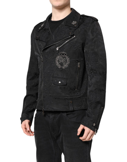 Dolce &amp; Gabbana Black Brocade Cotton Full Zip Biker Jacket