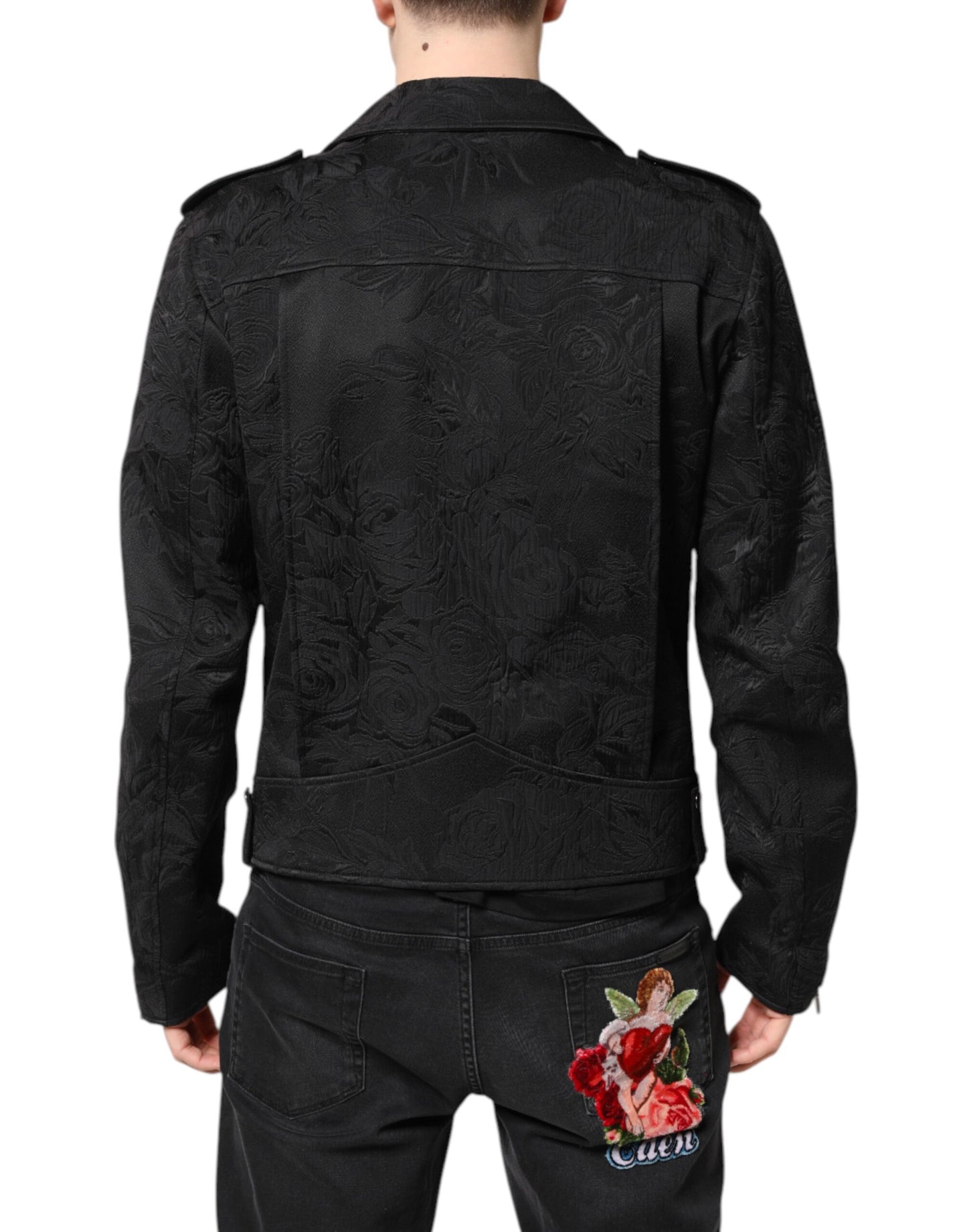 Dolce &amp; Gabbana Black Brocade Cotton Full Zip Biker Jacket